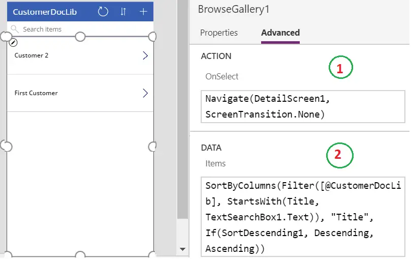 powerapp gallery advanced properties
